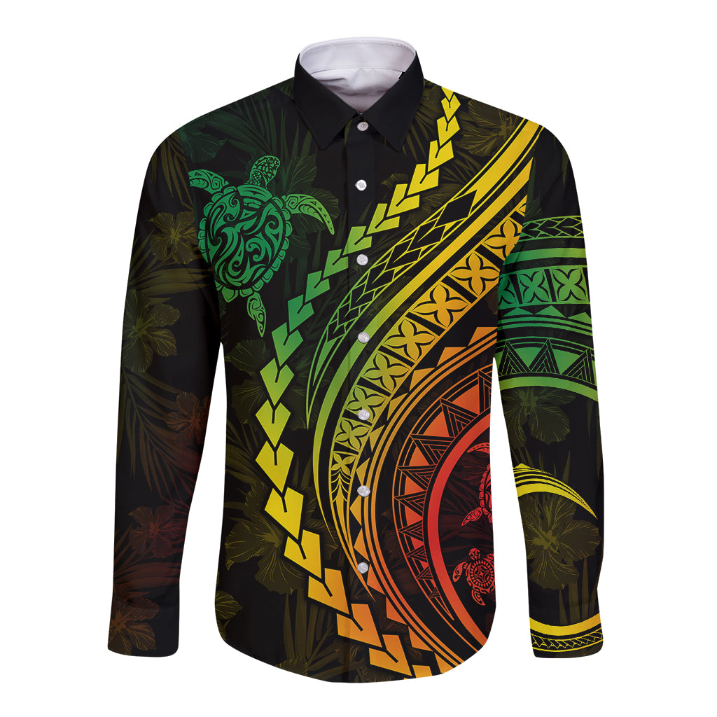 Polynesian Pride Long Sleeve Button Shirt Turtle Hibiscus Luxury Style - Reggae Ver2 - Wonder Print Shop