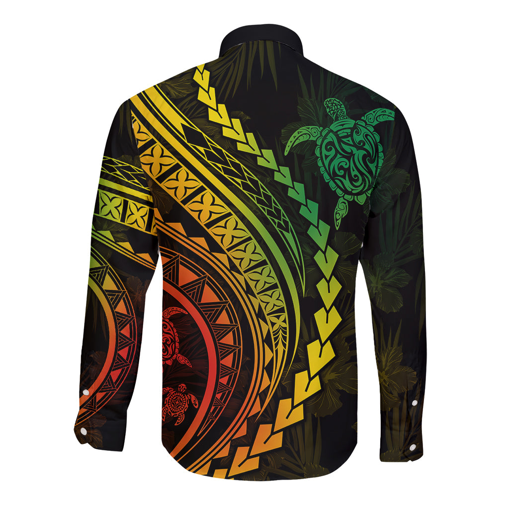Polynesian Pride Long Sleeve Button Shirt Turtle Hibiscus Luxury Style - Reggae Ver2 - Wonder Print Shop