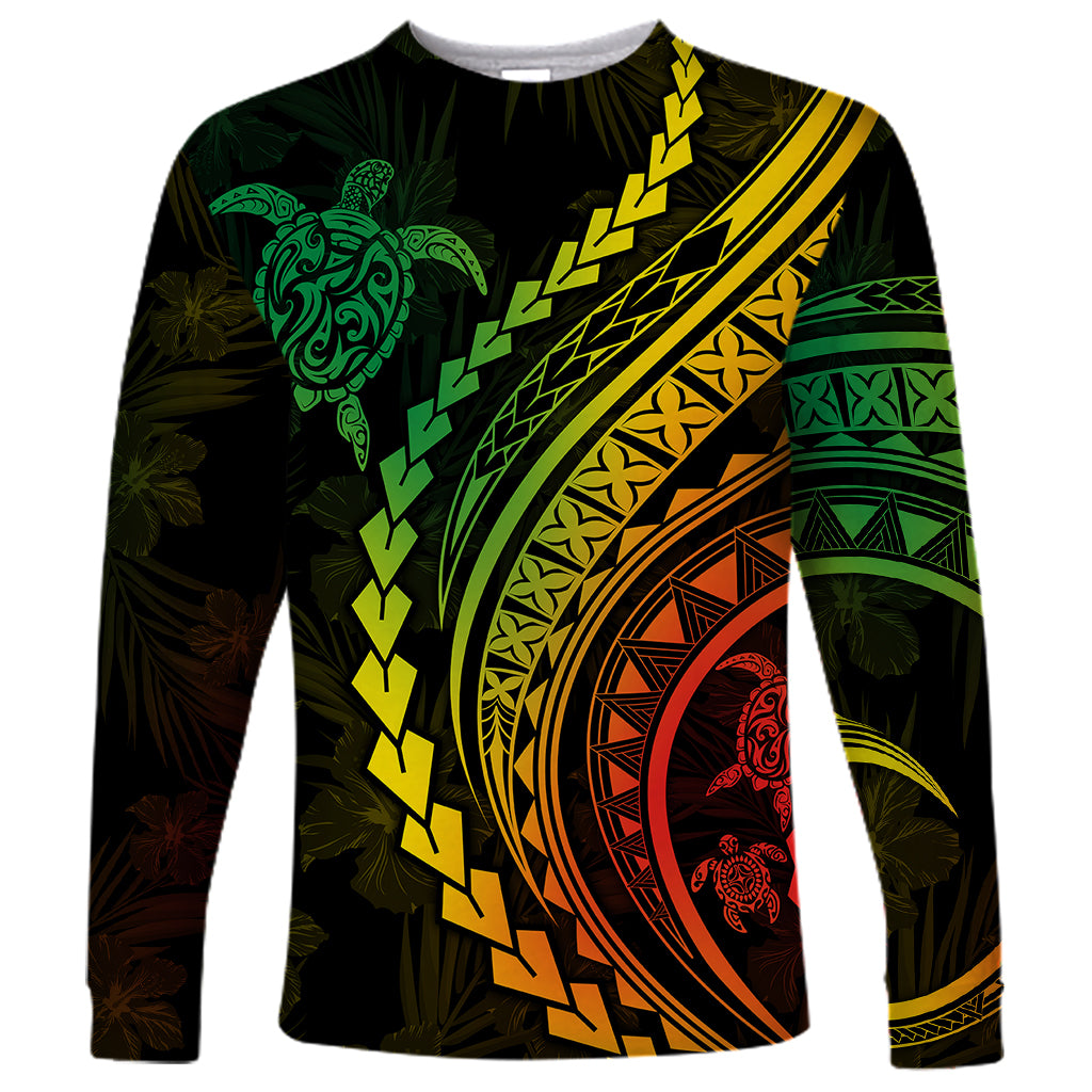 Polynesian Pride Long Sleeve Shirt Turtle Hibiscus Luxury Style - Reggae Ver2 - Wonder Print Shop