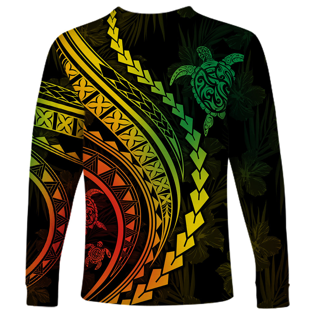 Polynesian Pride Long Sleeve Shirt Turtle Hibiscus Luxury Style - Reggae Ver2 - Wonder Print Shop