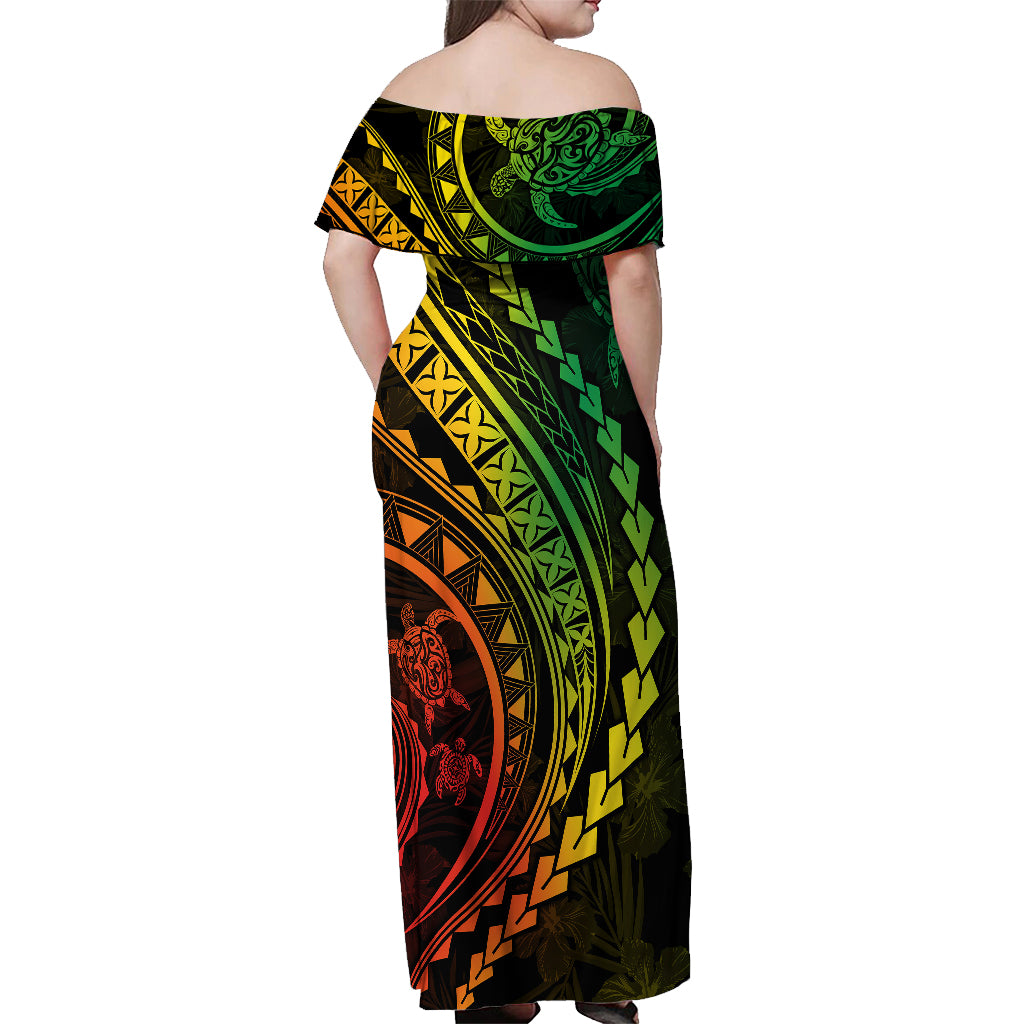 Polynesian Pride Off Shoulder Maxi Dress Turtle Hibiscus Luxury Style - Reggae Ver2 - Wonder Print Shop