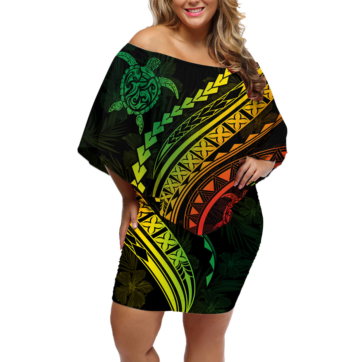Polynesian Pride Off Shoulder Short Dress Turtle Hibiscus Luxury Style - Reggae Ver2 - Wonder Print Shop