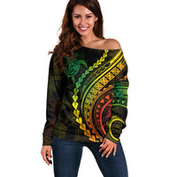 Polynesian Pride Off Shoulder Sweater Turtle Hibiscus Luxury Style - Reggae Ver2 - Wonder Print Shop
