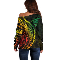 Polynesian Pride Off Shoulder Sweater Turtle Hibiscus Luxury Style - Reggae Ver2 - Wonder Print Shop