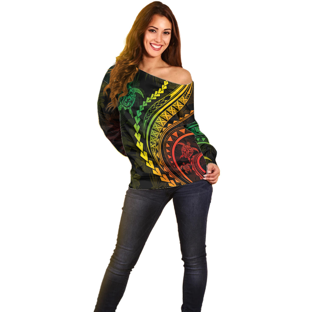 Polynesian Pride Off Shoulder Sweater Turtle Hibiscus Luxury Style - Reggae Ver2 - Wonder Print Shop