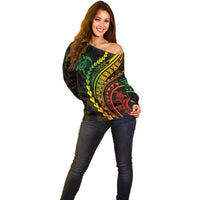 Polynesian Pride Off Shoulder Sweater Turtle Hibiscus Luxury Style - Reggae Ver2 - Wonder Print Shop