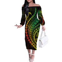 Polynesian Pride Off The Shoulder Long Sleeve Dress Turtle Hibiscus Luxury Style - Reggae Ver2 - Wonder Print Shop