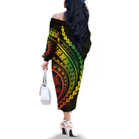 Polynesian Pride Off The Shoulder Long Sleeve Dress Turtle Hibiscus Luxury Style - Reggae Ver2 - Wonder Print Shop