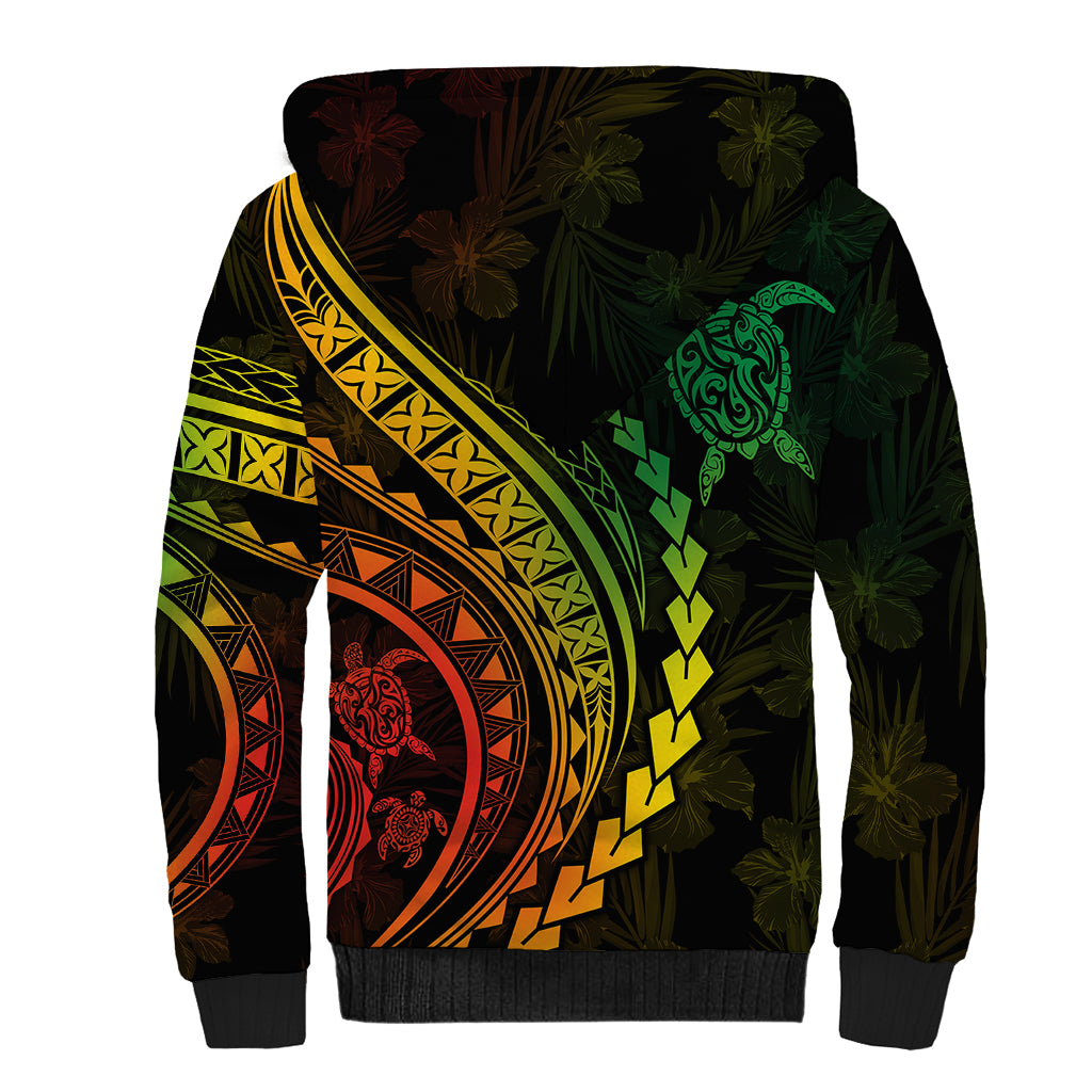 Polynesian Pride Sherpa Hoodie Turtle Hibiscus Luxury Style - Reggae Ver2 - Wonder Print Shop