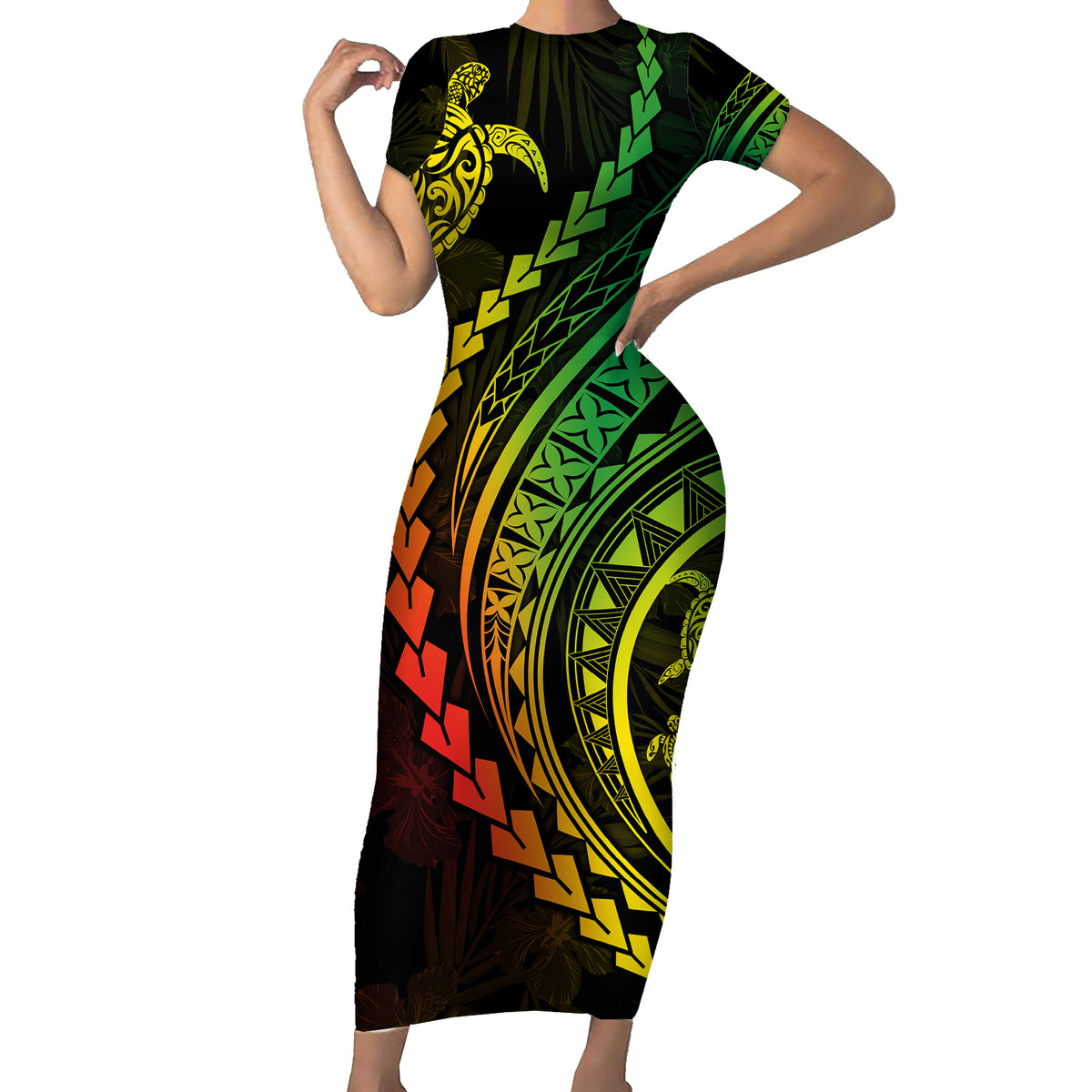 Polynesian Pride Short Sleeve Bodycon Dress Turtle Hibiscus Luxury Style - Reggae Ver2 - Wonder Print Shop