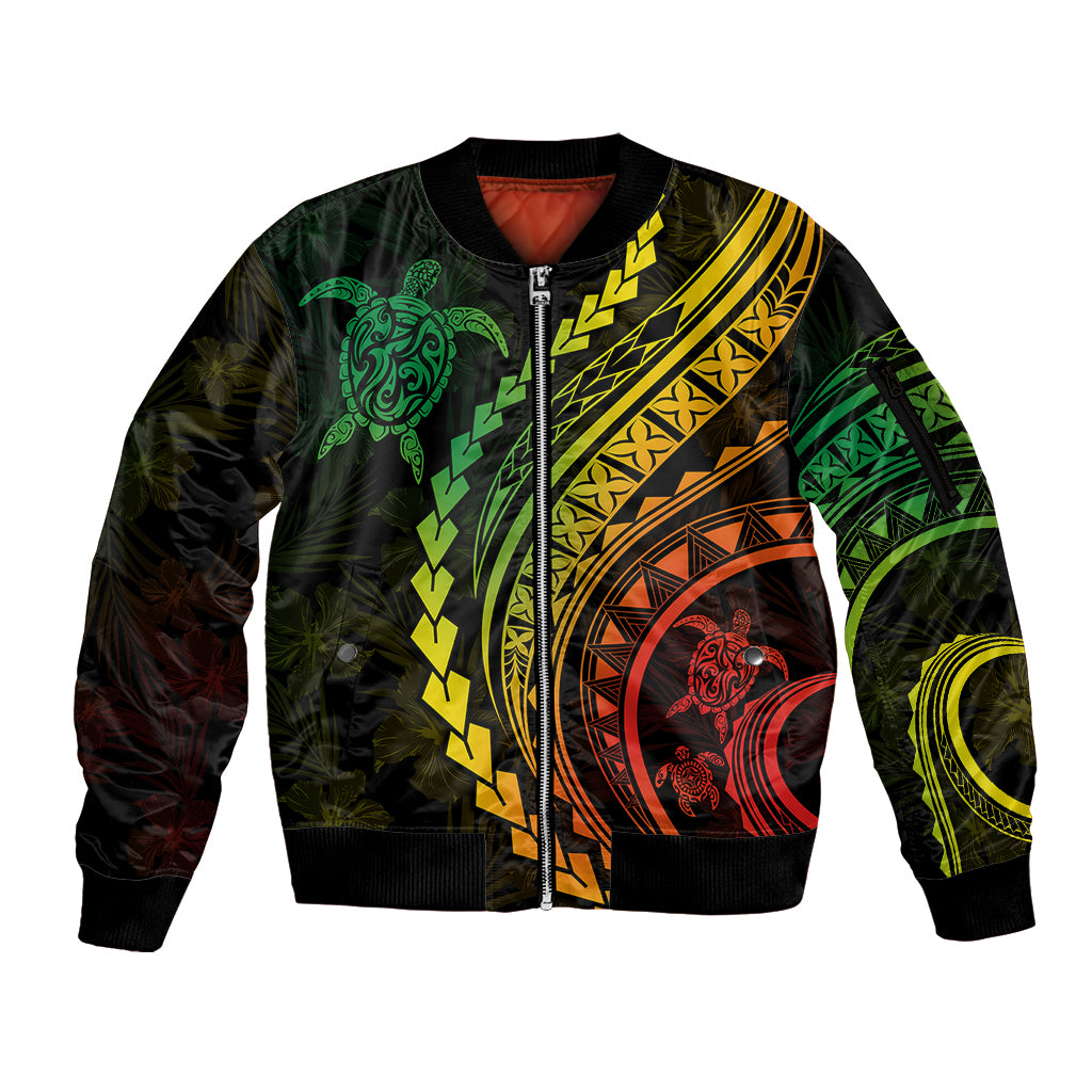 Polynesian Pride Sleeve Zip Bomber Jacket Turtle Hibiscus Luxury Style - Reggae Ver2 - Wonder Print Shop