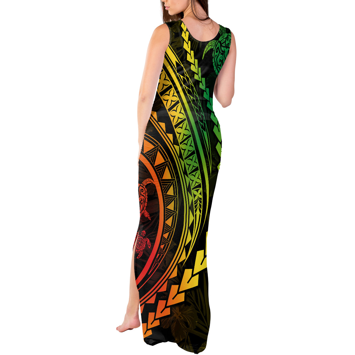 Polynesian Pride Tank Maxi Dress Turtle Hibiscus Luxury Style - Reggae Ver2 - Wonder Print Shop