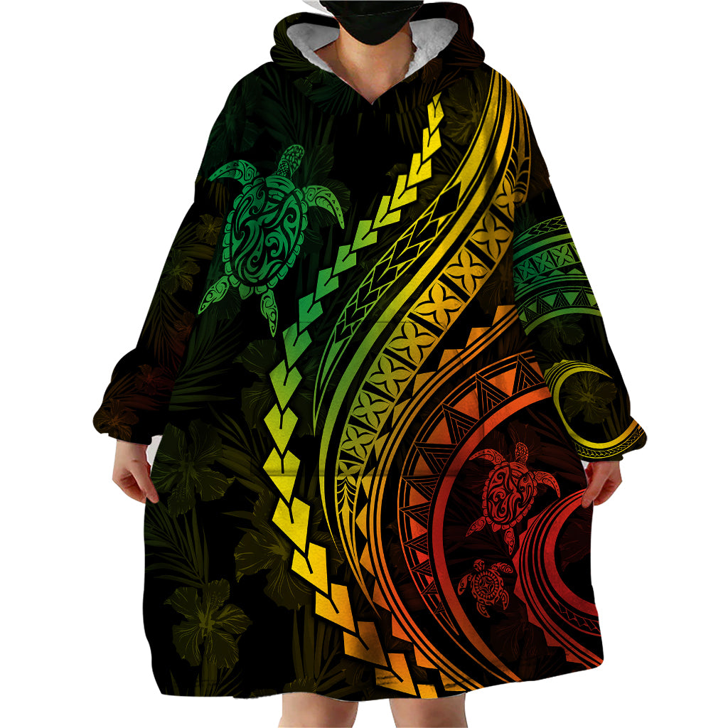 Polynesian Pride Wearable Blanket Hoodie Turtle Hibiscus Luxury Style - Reggae Ver2 - Wonder Print Shop
