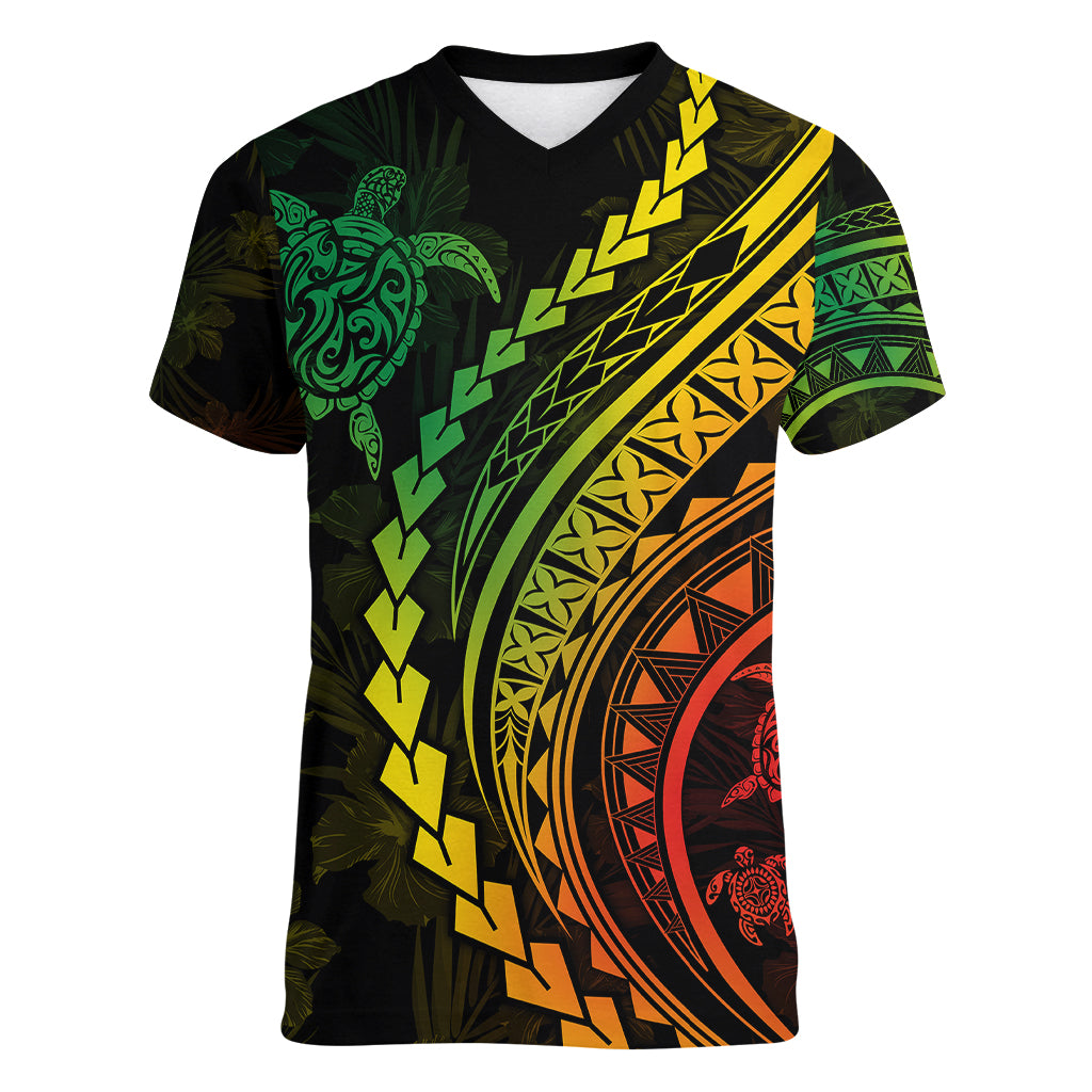 Polynesian Pride Women V Neck T Shirt Turtle Hibiscus Luxury Style - Reggae Ver2 - Wonder Print Shop