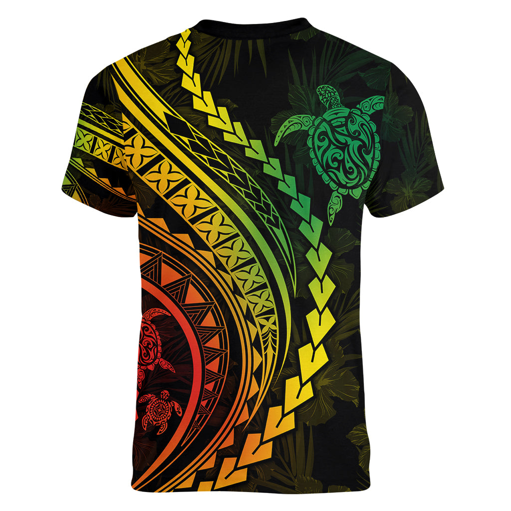 Polynesian Pride Women V Neck T Shirt Turtle Hibiscus Luxury Style - Reggae Ver2 - Wonder Print Shop