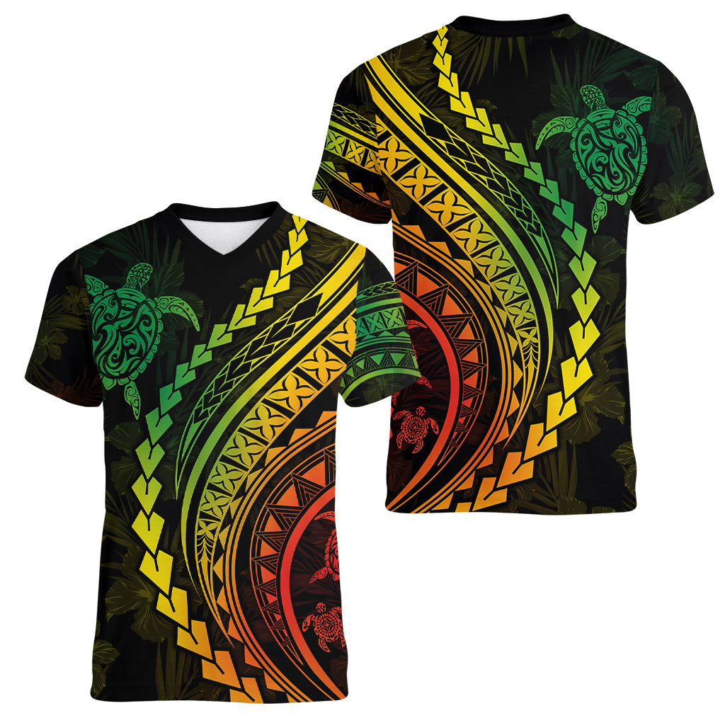 Polynesian Pride Women V Neck T Shirt Turtle Hibiscus Luxury Style - Reggae Ver2 - Wonder Print Shop