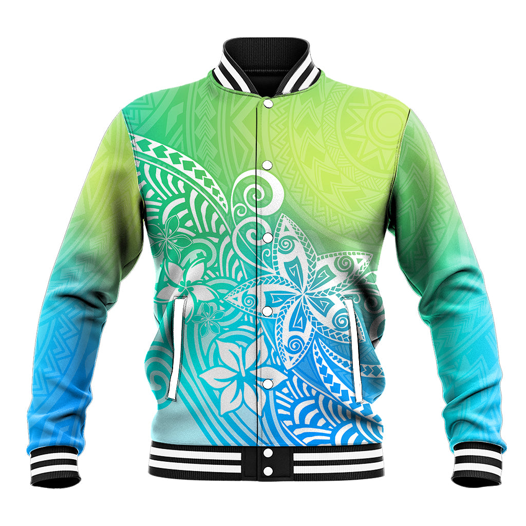 Polynesia Baseball Jacket Plumeria Blue Gradient Curves LT7 - Wonder Print Shop