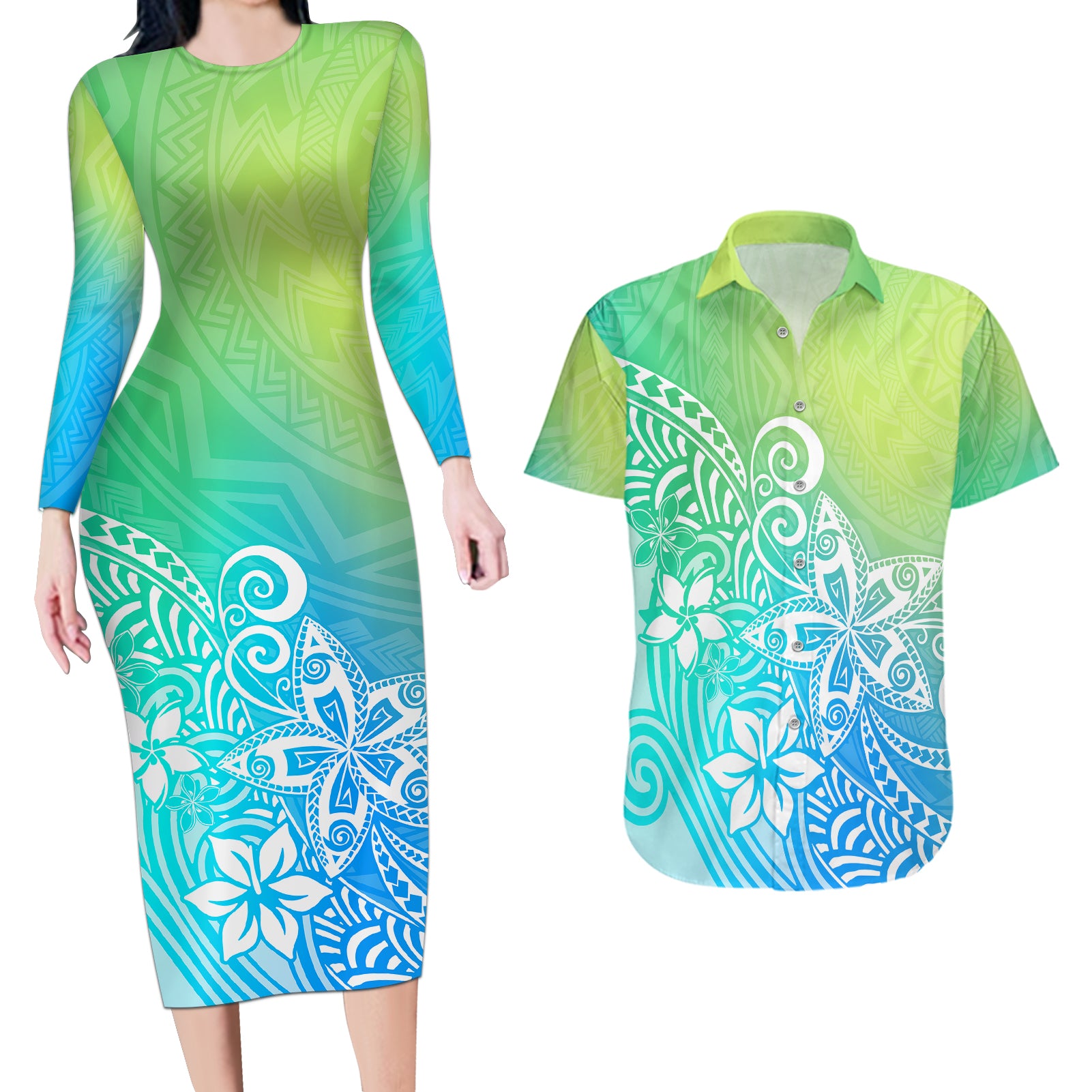 Polynesia Couples Matching Long Sleeve Bodycon Dress and Hawaiian Shirt Plumeria Blue Gradient Curves LT7 - Wonder Print Shop