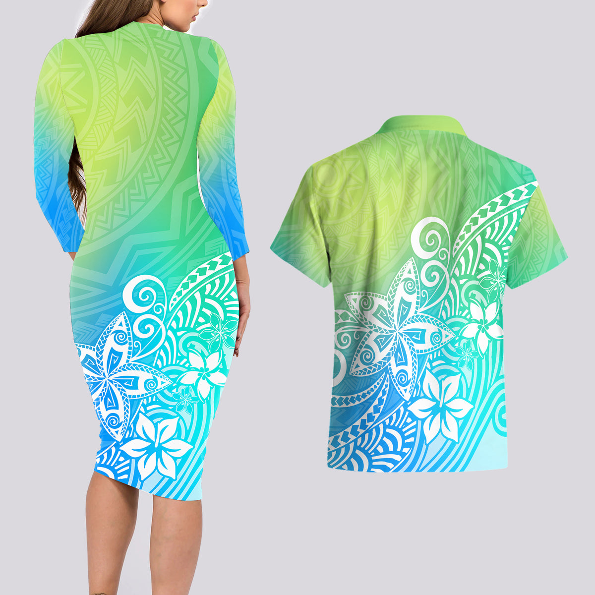 Polynesia Couples Matching Long Sleeve Bodycon Dress and Hawaiian Shirt Plumeria Blue Gradient Curves LT7 - Wonder Print Shop