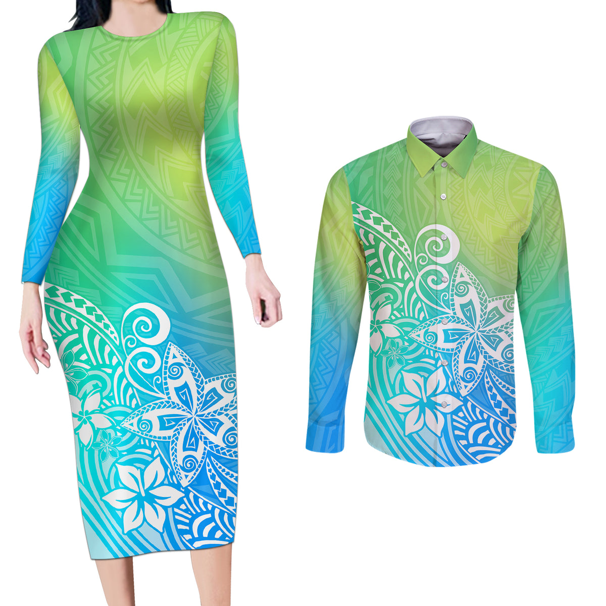 Polynesia Couples Matching Long Sleeve Bodycon Dress and Long Sleeve Button Shirts Plumeria Blue Gradient Curves LT7 - Wonder Print Shop