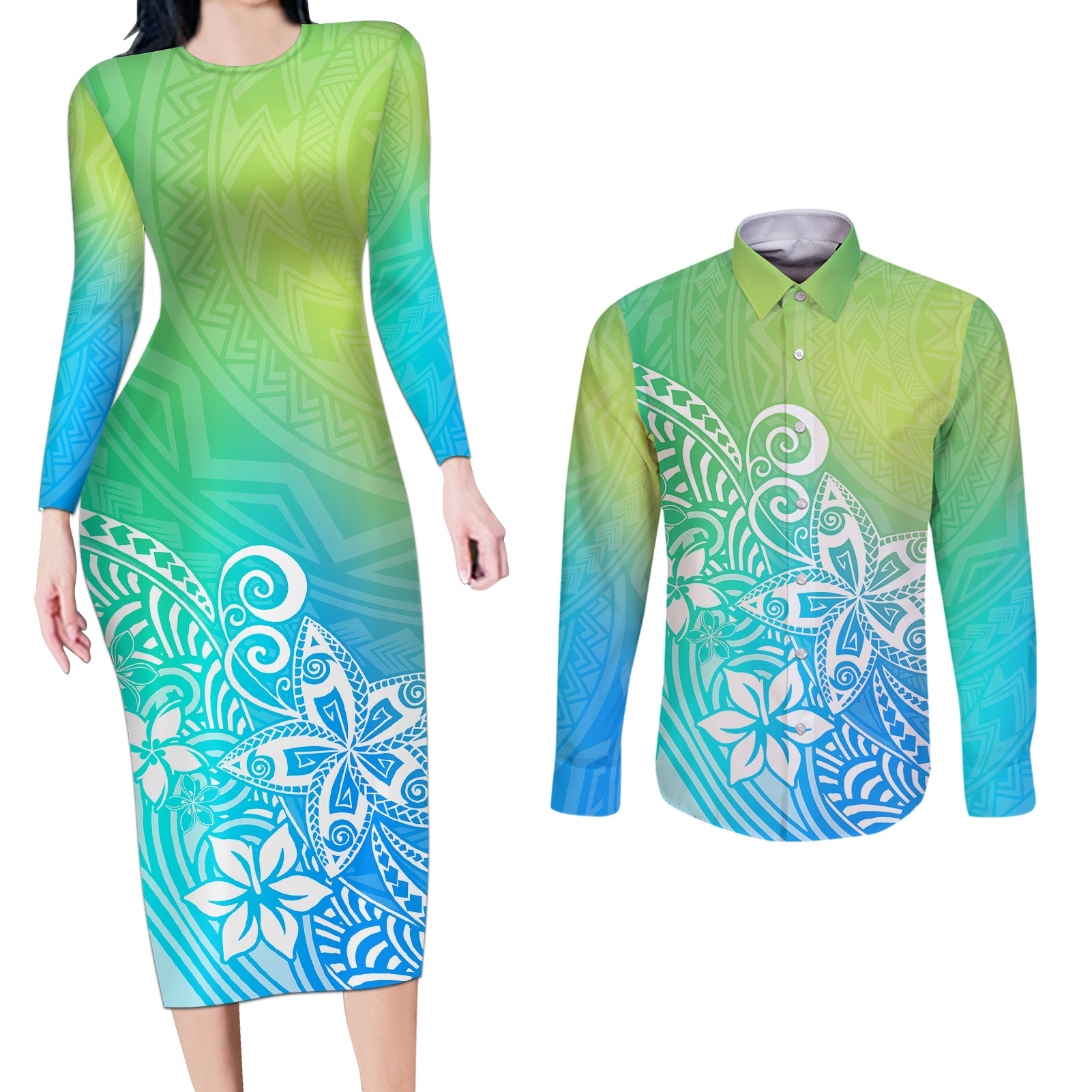 Polynesia Couples Matching Long Sleeve Bodycon Dress and Long Sleeve Button Shirts Plumeria Blue Gradient Curves LT7 - Wonder Print Shop