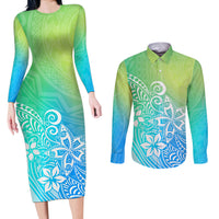 Polynesia Couples Matching Long Sleeve Bodycon Dress and Long Sleeve Button Shirts Plumeria Blue Gradient Curves LT7 - Wonder Print Shop