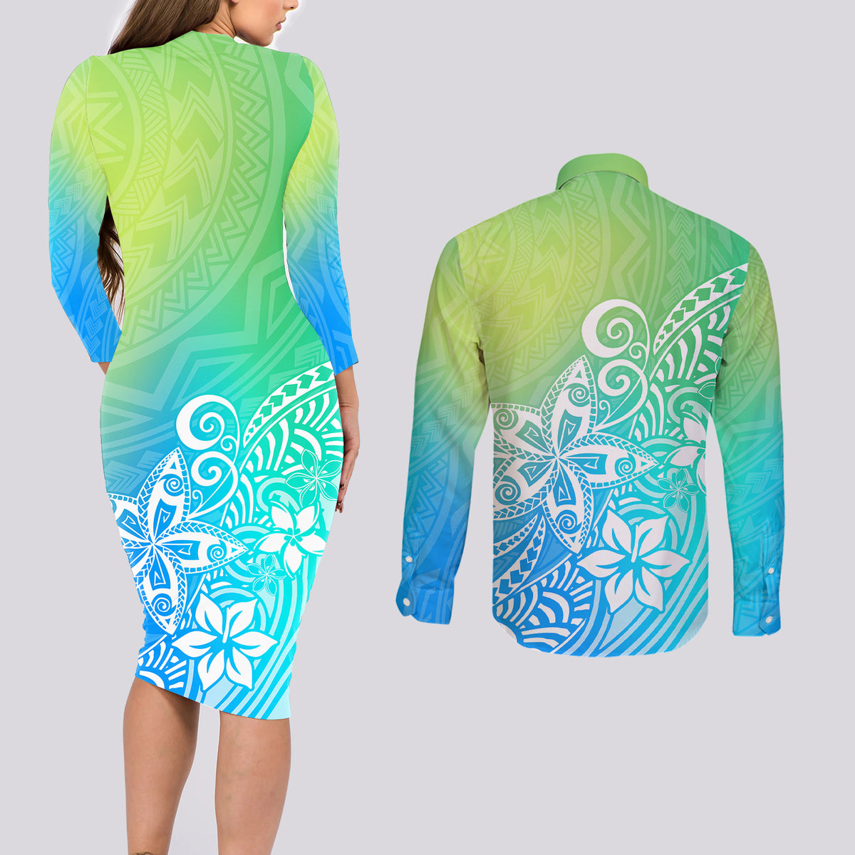 Polynesia Couples Matching Long Sleeve Bodycon Dress and Long Sleeve Button Shirts Plumeria Blue Gradient Curves LT7 - Wonder Print Shop