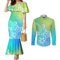 polynesia-couples-matching-mermaid-dress-and-long-sleeve-button-shirts-plumeria-blue-gradient-curves