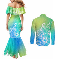 polynesia-couples-matching-mermaid-dress-and-long-sleeve-button-shirts-plumeria-blue-gradient-curves