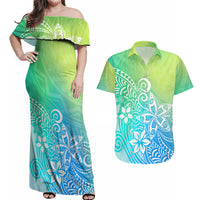 Polynesia Couples Matching Off Shoulder Maxi Dress and Hawaiian Shirt Plumeria Blue Gradient Curves LT7 - Wonder Print Shop