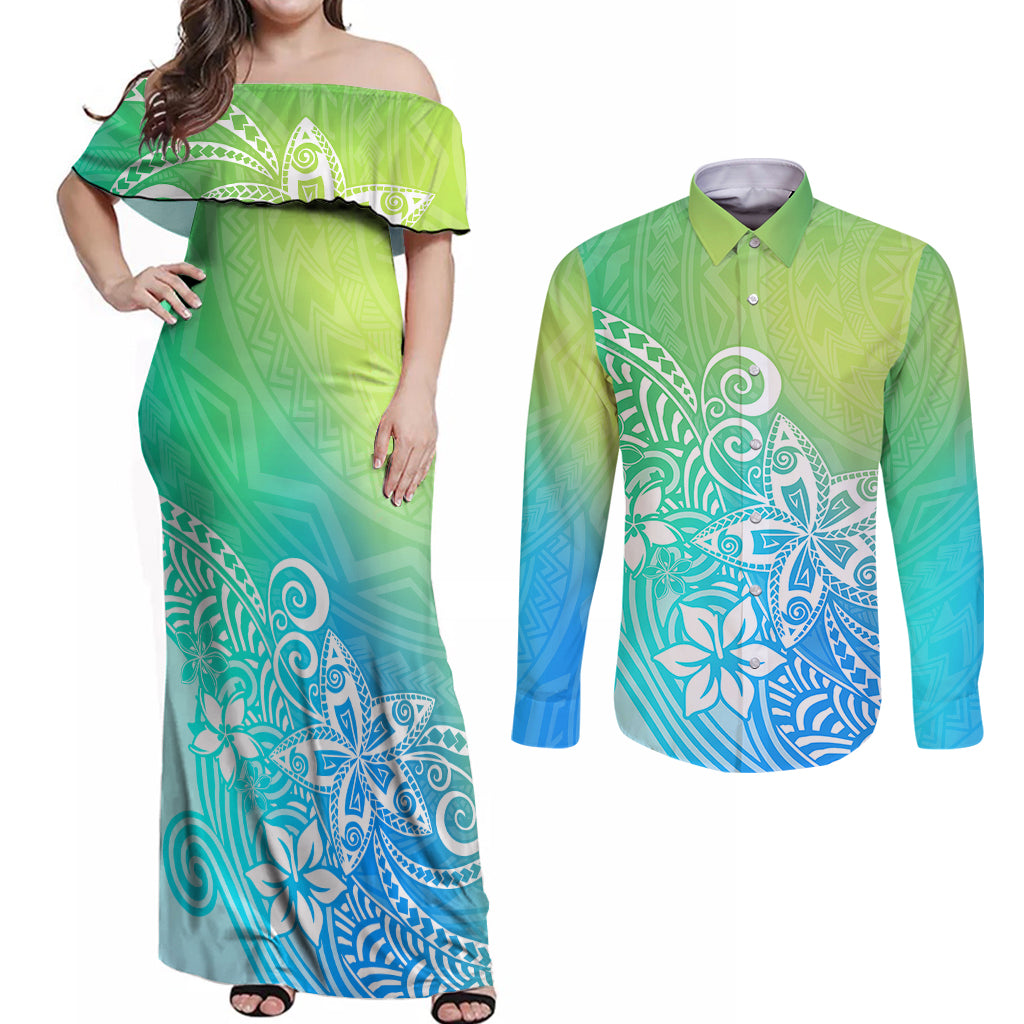 Polynesia Couples Matching Off Shoulder Maxi Dress and Long Sleeve Button Shirts Plumeria Blue Gradient Curves LT7 - Wonder Print Shop