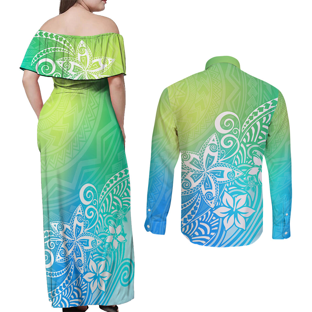 Polynesia Couples Matching Off Shoulder Maxi Dress and Long Sleeve Button Shirts Plumeria Blue Gradient Curves LT7 - Wonder Print Shop