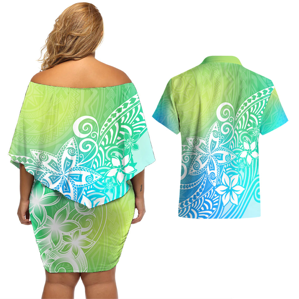 Polynesia Couples Matching Off Shoulder Short Dress and Hawaiian Shirt Plumeria Blue Gradient Curves LT7 - Wonder Print Shop