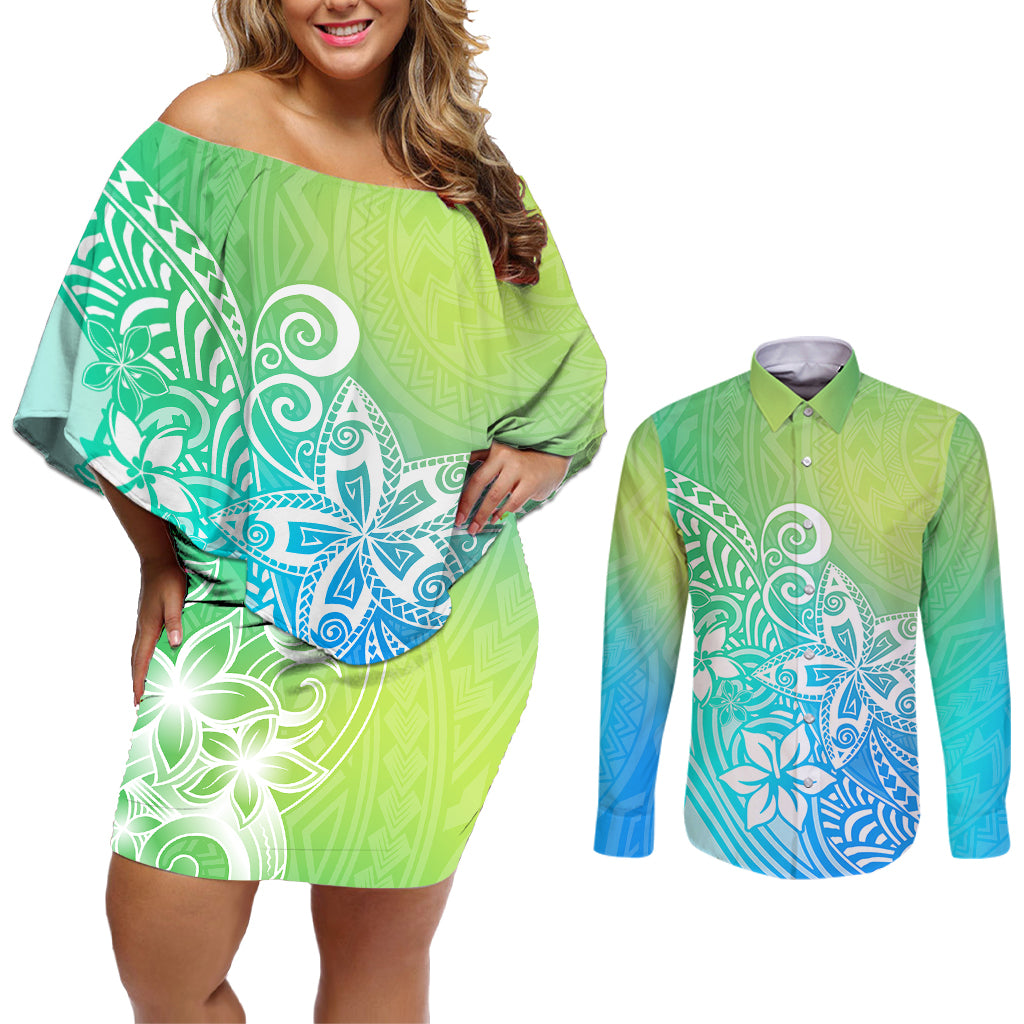 Polynesia Couples Matching Off Shoulder Short Dress and Long Sleeve Button Shirts Plumeria Blue Gradient Curves LT7 - Wonder Print Shop