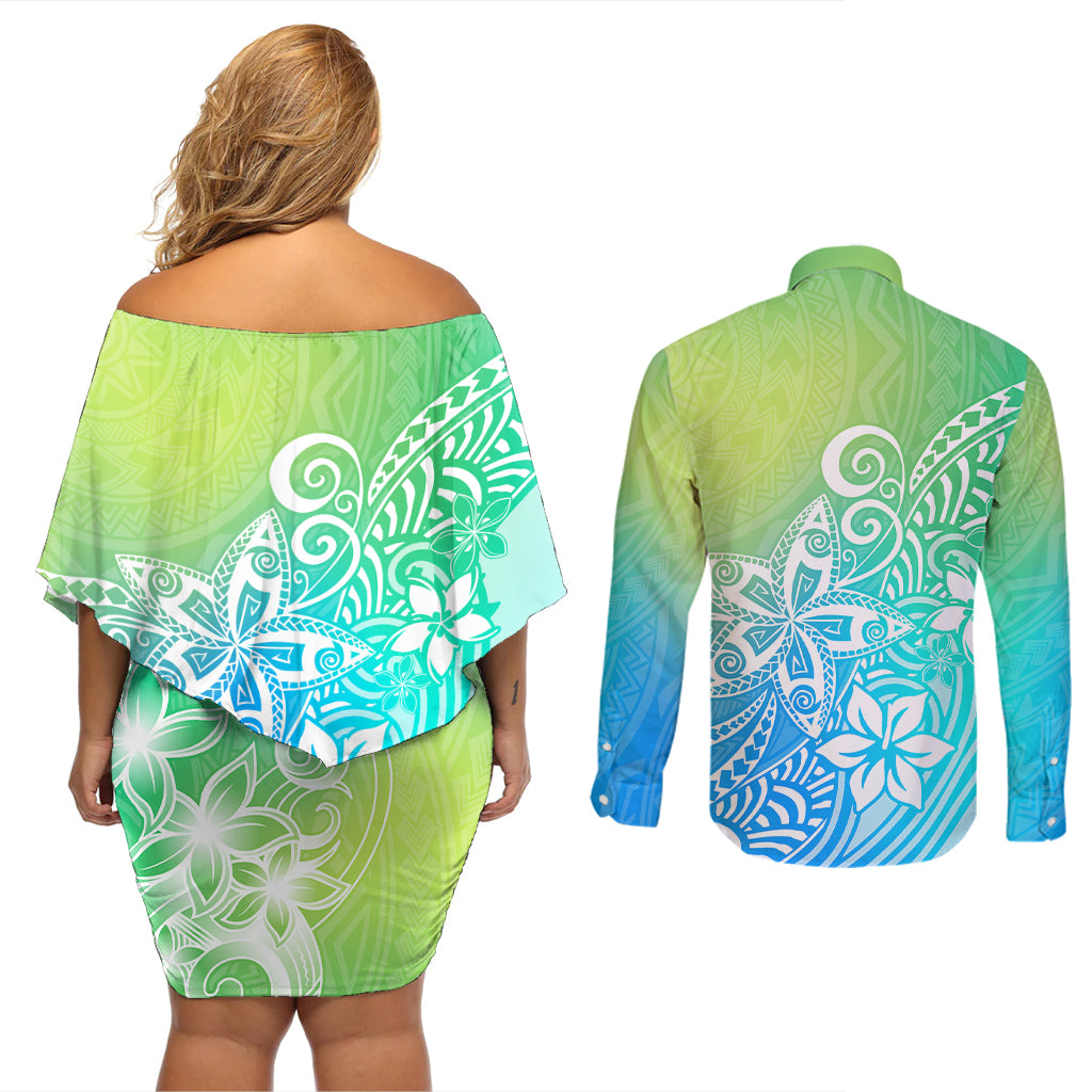 Polynesia Couples Matching Off Shoulder Short Dress and Long Sleeve Button Shirts Plumeria Blue Gradient Curves LT7 - Wonder Print Shop