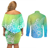 Polynesia Couples Matching Off Shoulder Short Dress and Long Sleeve Button Shirts Plumeria Blue Gradient Curves LT7 - Wonder Print Shop