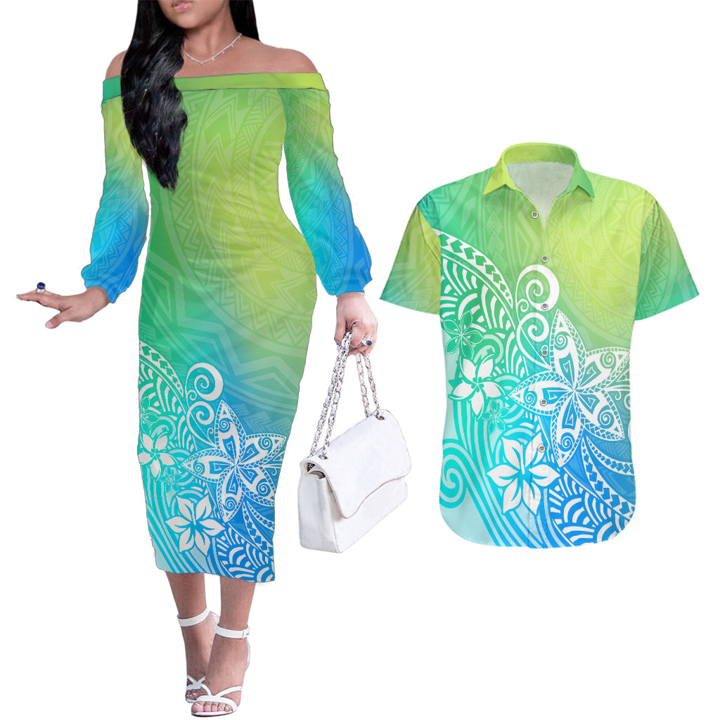 Polynesia Couples Matching Off The Shoulder Long Sleeve Dress and Hawaiian Shirt Plumeria Blue Gradient Curves LT7 - Wonder Print Shop