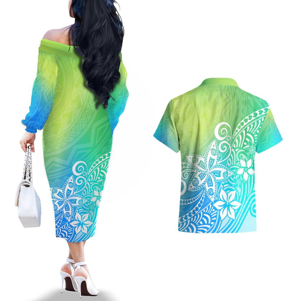 Polynesia Couples Matching Off The Shoulder Long Sleeve Dress and Hawaiian Shirt Plumeria Blue Gradient Curves LT7 - Wonder Print Shop