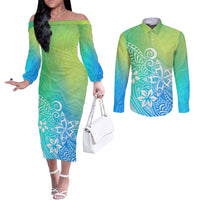 polynesia-couples-matching-off-the-shoulder-long-sleeve-dress-and-long-sleeve-button-shirts-plumeria-blue-gradient-curves