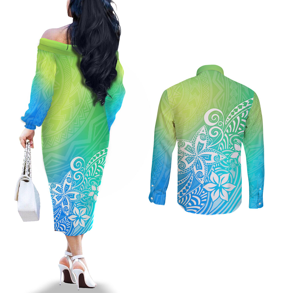 polynesia-couples-matching-off-the-shoulder-long-sleeve-dress-and-long-sleeve-button-shirts-plumeria-blue-gradient-curves