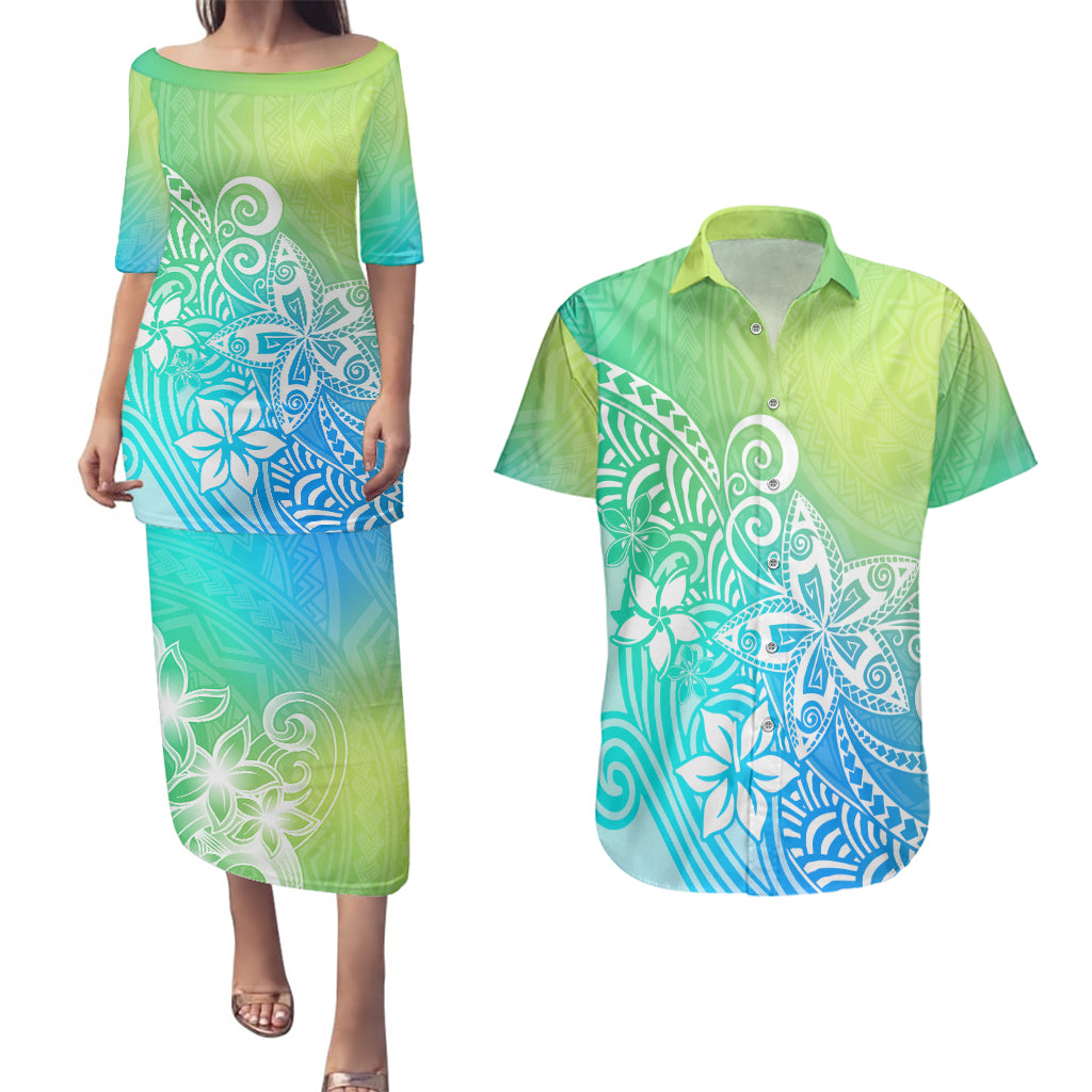 Polynesia Couples Matching Puletasi Dress and Hawaiian Shirt Plumeria Blue Gradient Curves LT7 - Wonder Print Shop