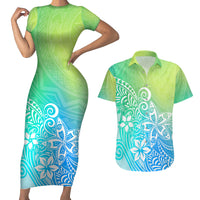 Polynesia Couples Matching Short Sleeve Bodycon Dress and Hawaiian Shirt Plumeria Blue Gradient Curves LT7 - Wonder Print Shop