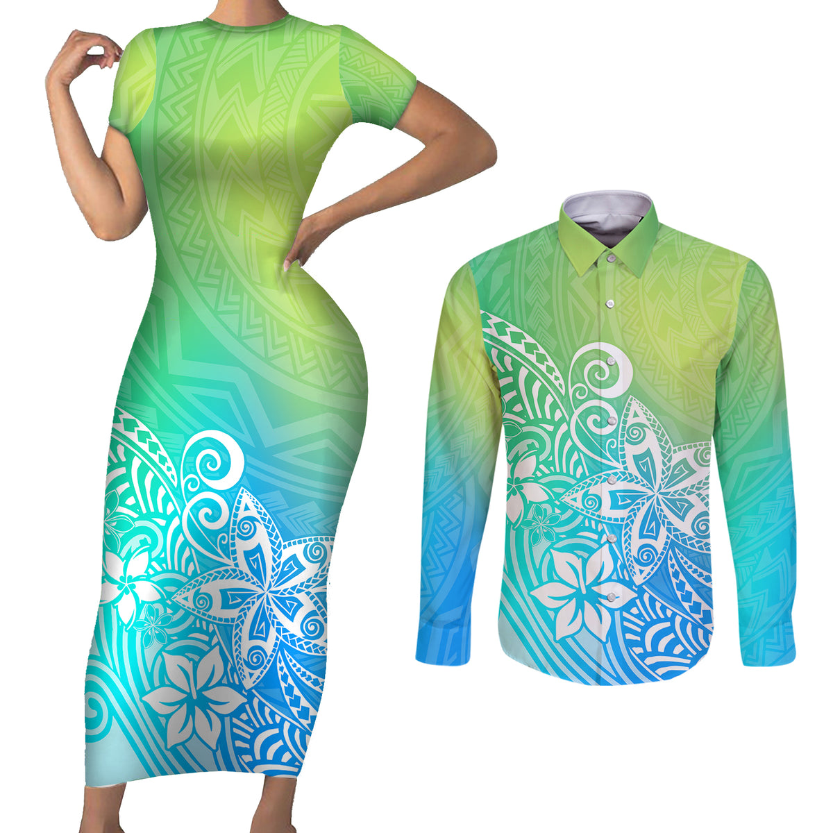 Polynesia Couples Matching Short Sleeve Bodycon Dress and Long Sleeve Button Shirts Plumeria Blue Gradient Curves LT7 - Wonder Print Shop