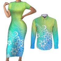 Polynesia Couples Matching Short Sleeve Bodycon Dress and Long Sleeve Button Shirts Plumeria Blue Gradient Curves LT7 - Wonder Print Shop