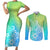 Polynesia Couples Matching Short Sleeve Bodycon Dress and Long Sleeve Button Shirts Plumeria Blue Gradient Curves LT7 - Wonder Print Shop