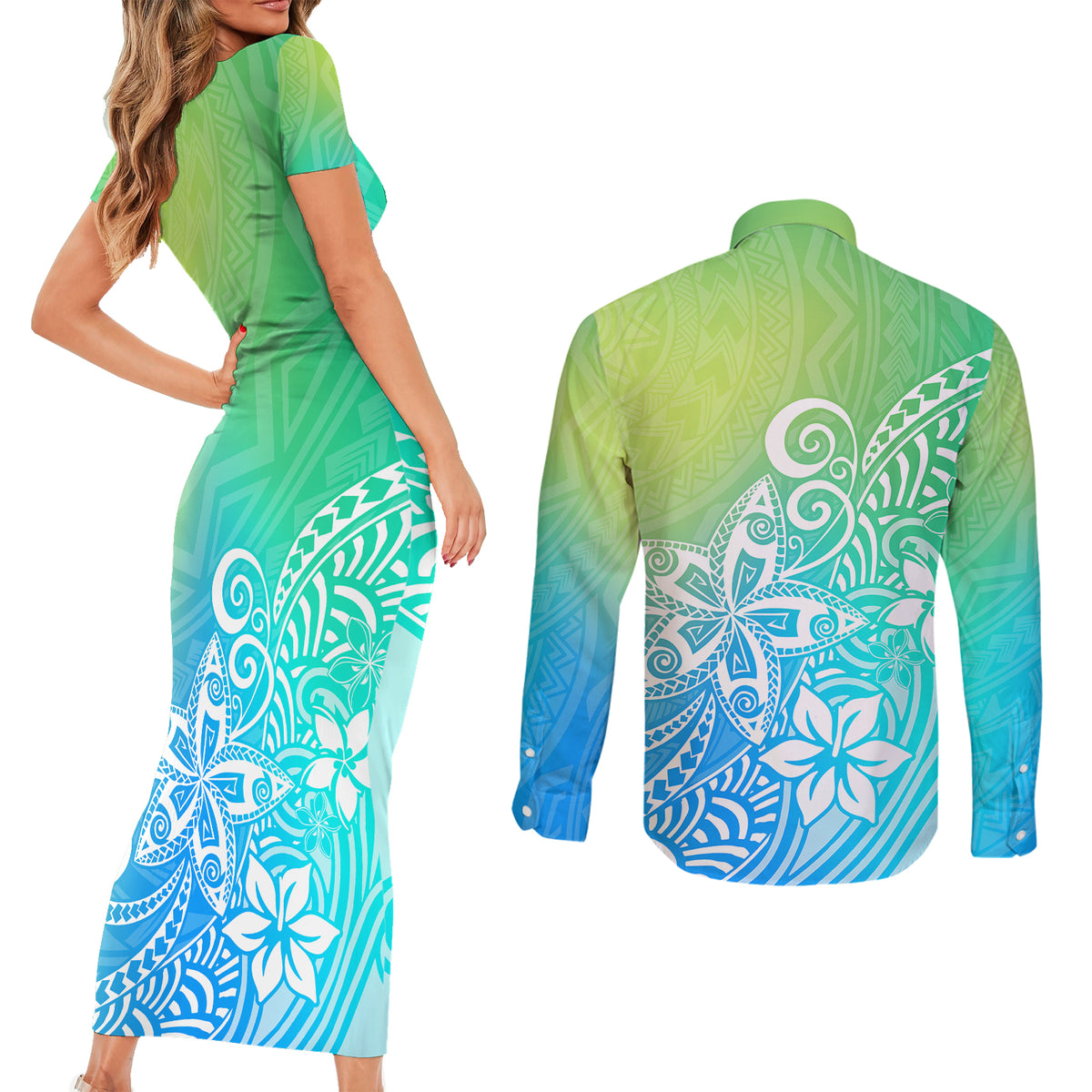 Polynesia Couples Matching Short Sleeve Bodycon Dress and Long Sleeve Button Shirts Plumeria Blue Gradient Curves LT7 - Wonder Print Shop