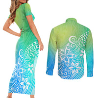 Polynesia Couples Matching Short Sleeve Bodycon Dress and Long Sleeve Button Shirts Plumeria Blue Gradient Curves LT7 - Wonder Print Shop
