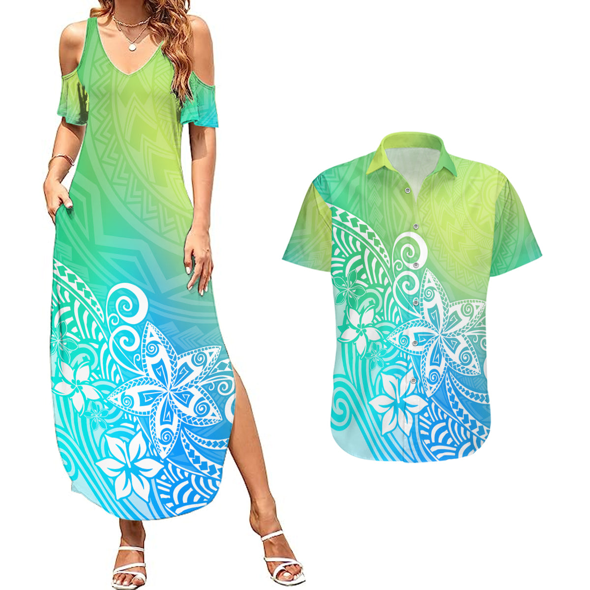 Polynesia Couples Matching Summer Maxi Dress and Hawaiian Shirt Plumeria Blue Gradient Curves LT7 - Wonder Print Shop