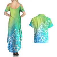Polynesia Couples Matching Summer Maxi Dress and Hawaiian Shirt Plumeria Blue Gradient Curves LT7 - Wonder Print Shop