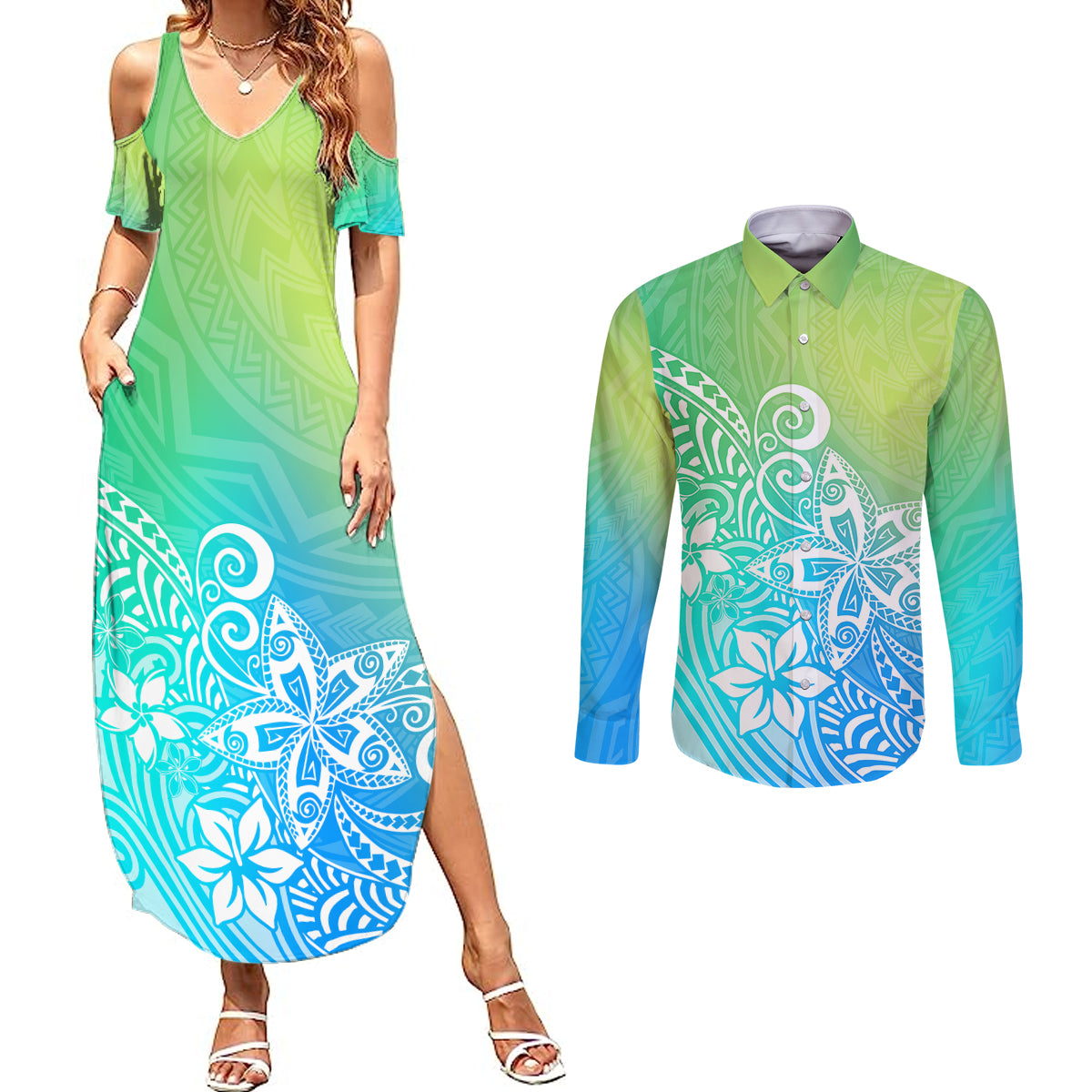 Polynesia Couples Matching Summer Maxi Dress and Long Sleeve Button Shirts Plumeria Blue Gradient Curves LT7 - Wonder Print Shop